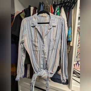 Cloth & Stone Linen Blend Vertical Stripe Raw Hem Button Front Mini Shirt Dress